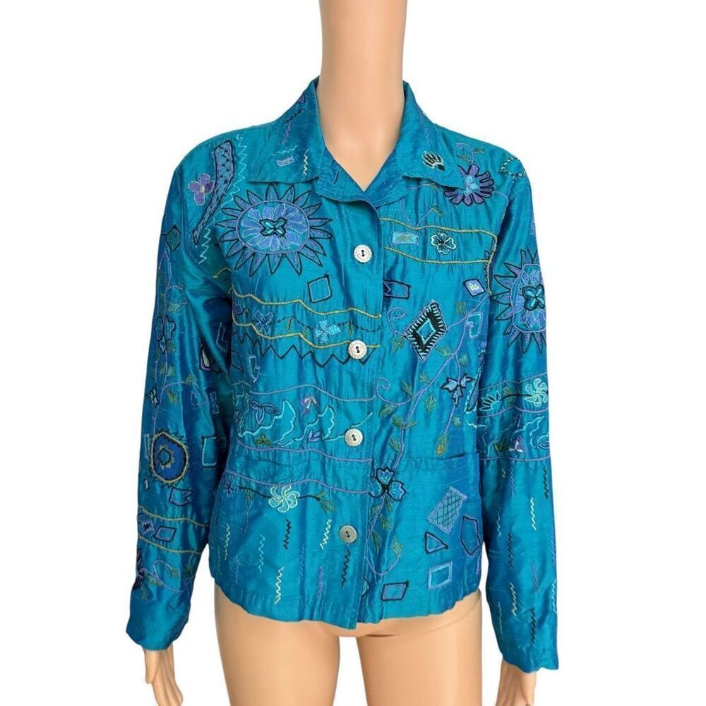 Chico's Women's Teal Blue 100% Silk Abstract Embroidered Flowers Jacket size 1/M
